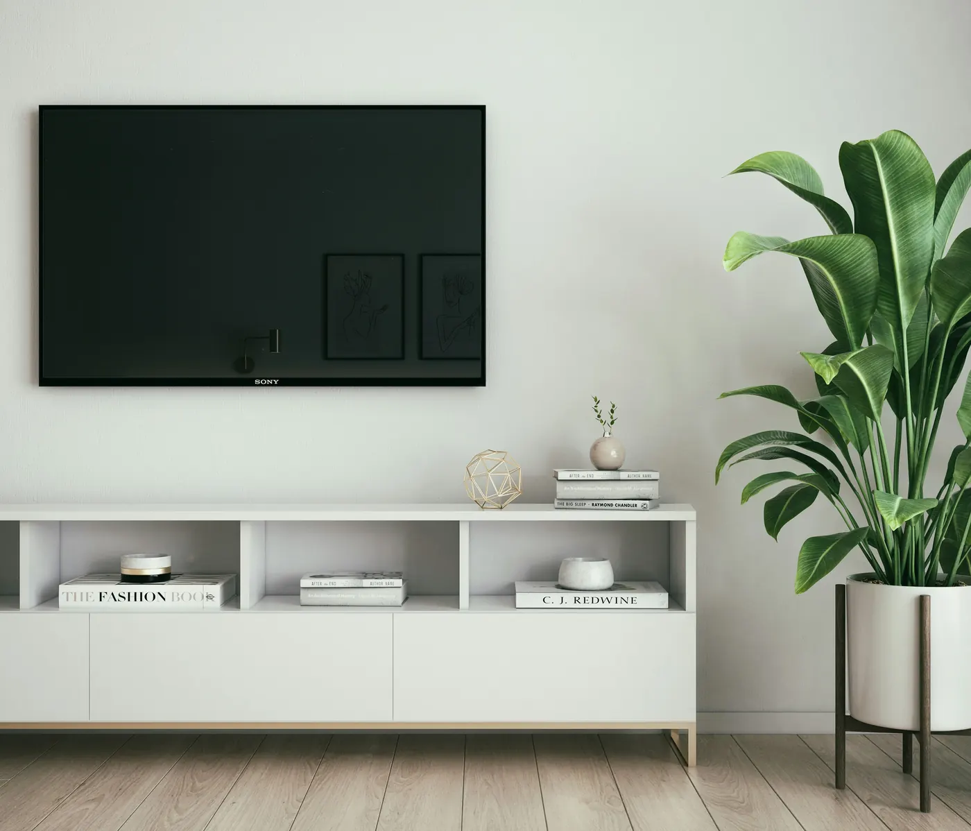 A wall-mounted television in a living room.